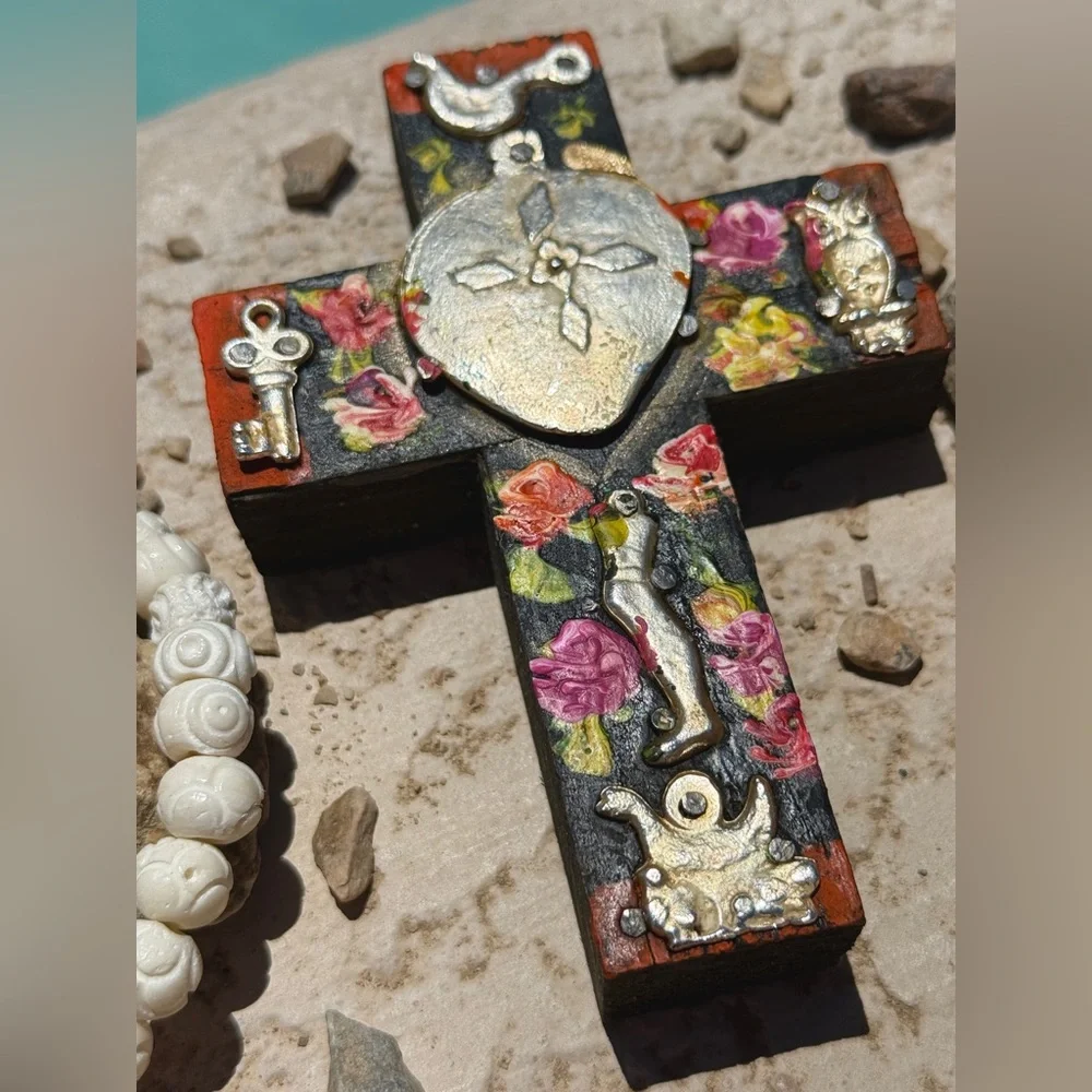 Milagros Silver Metal Charm Spanish Folk Art Painted Wood Cross-Charcoal
